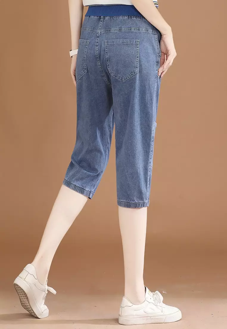 Elastic waist 2025 jeans with pockets