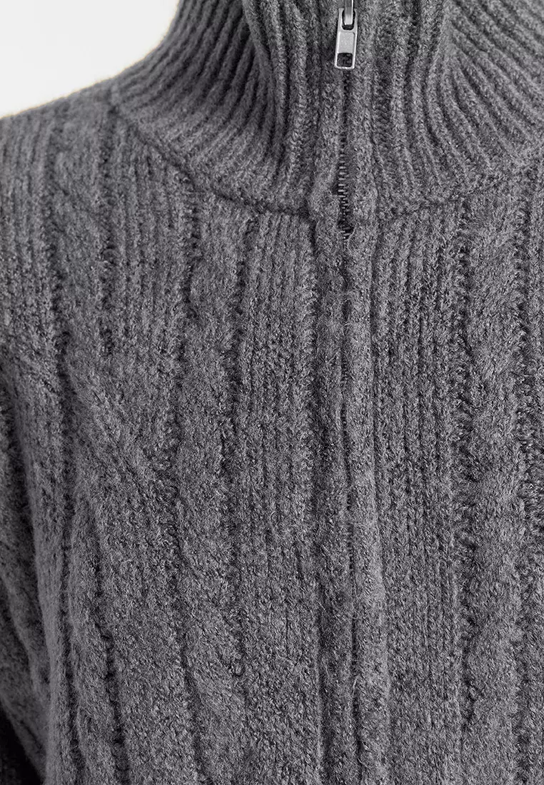 Anthracite Crop Soft Textured Zippered Hair Braided Knitwear Cardigan