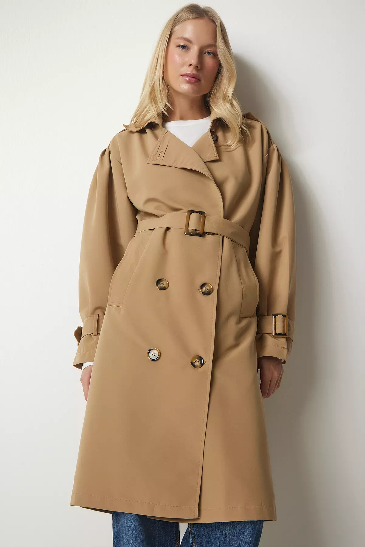 Camel Double breasted Collar Belted Trench Coat