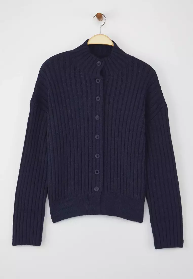 Wardrobe Essentials Navy Blue Wide-Cut Ribbed Soft Textured Knit Cardigan | Twoaw26Hi00091