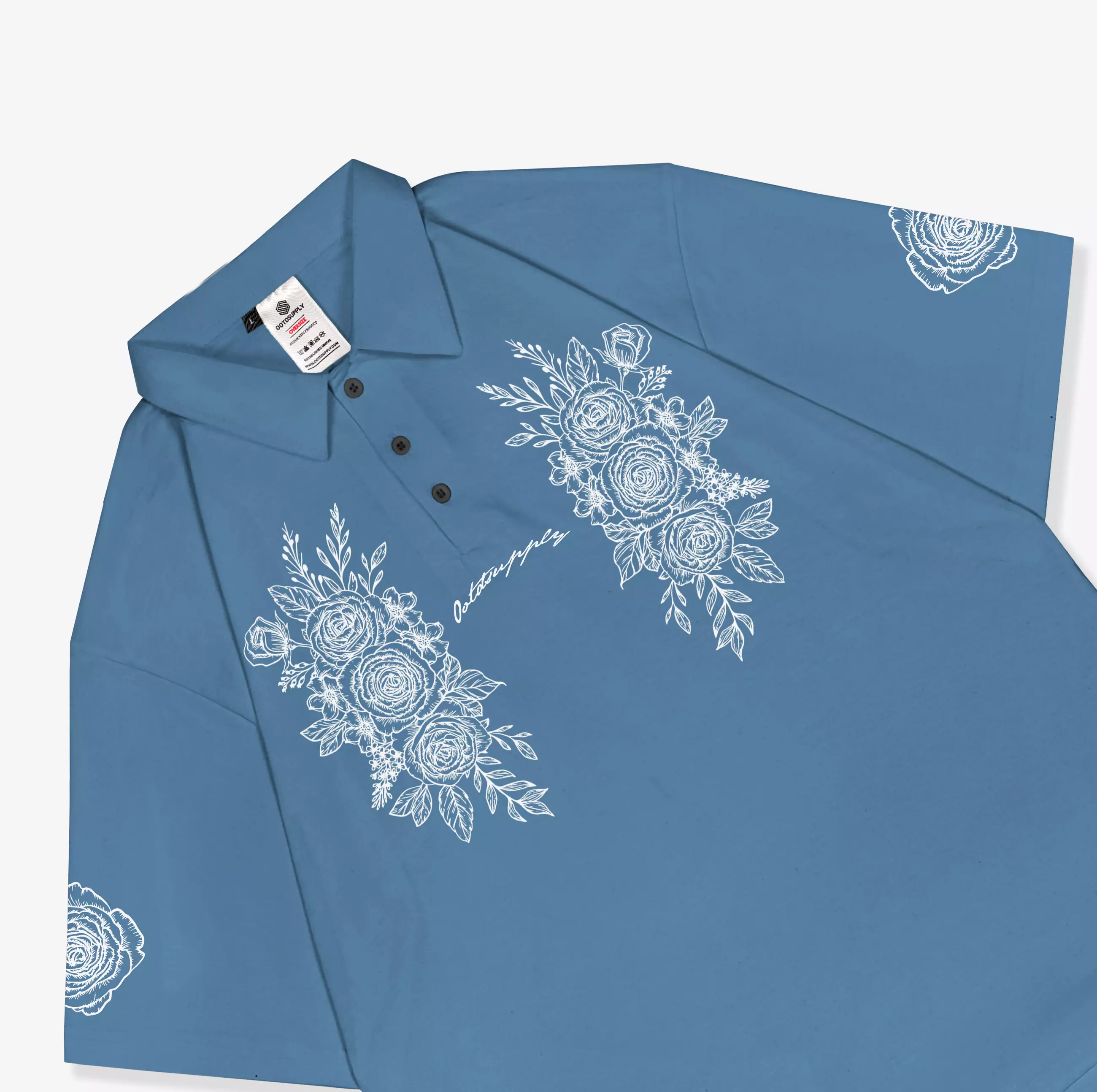 OOTDSUPPLY Oversize Polo Shirt Tender Flora Steel Blue & Black l Kaos Polo Pria dan Wanita OVZ-PS006