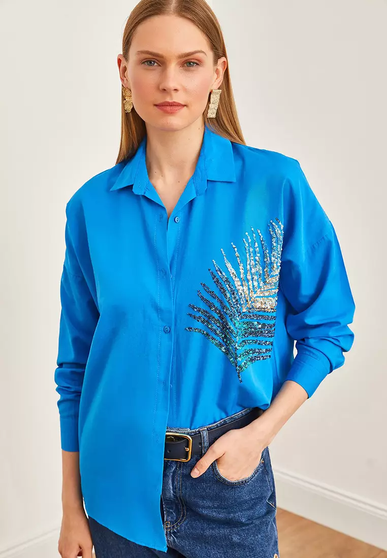 Palm Sequin Detailed Oversize Woven Poplin Shirt