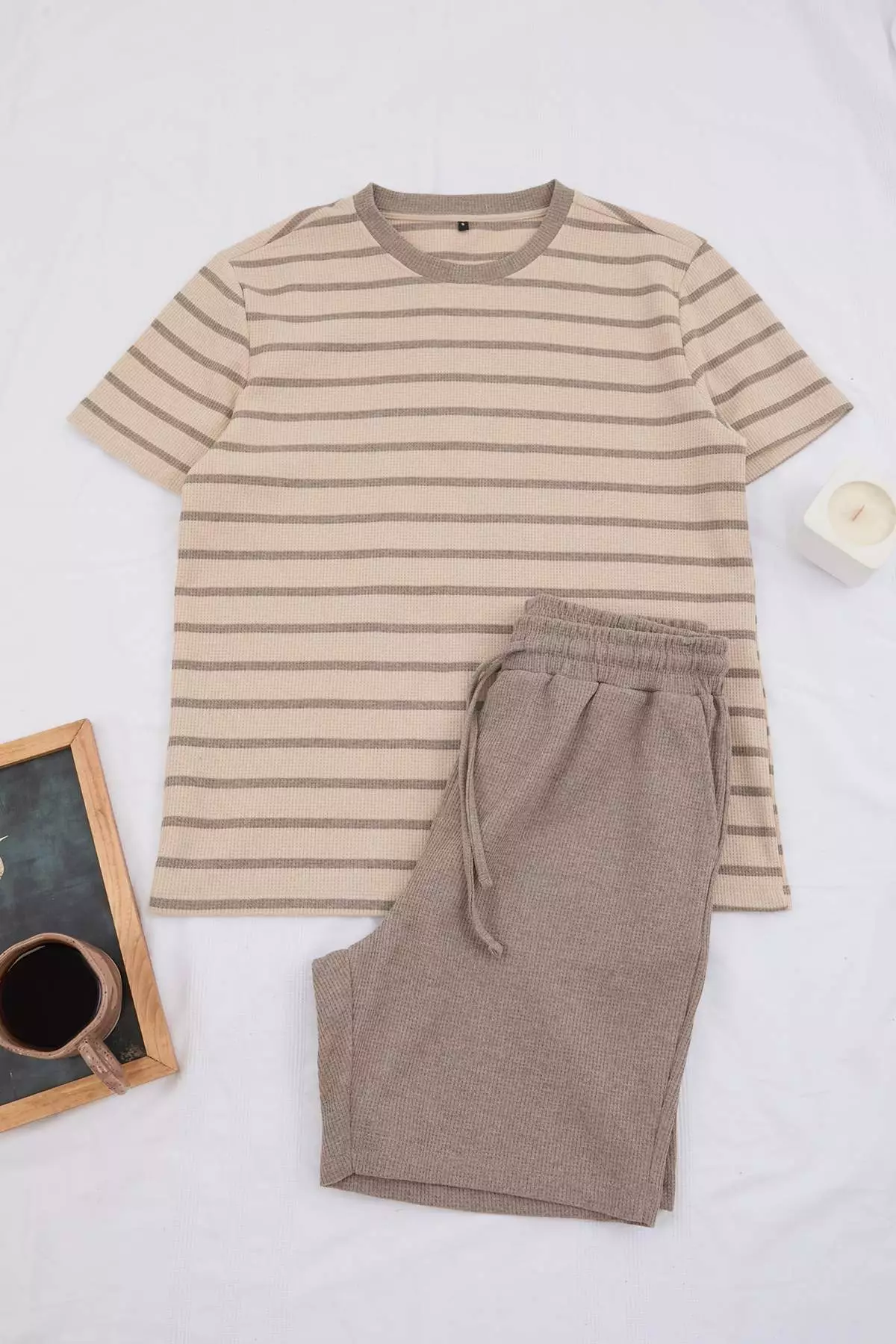 Buy Trendyol Brown-Ecru Regular Cut Striped Textured Pajama Set ...