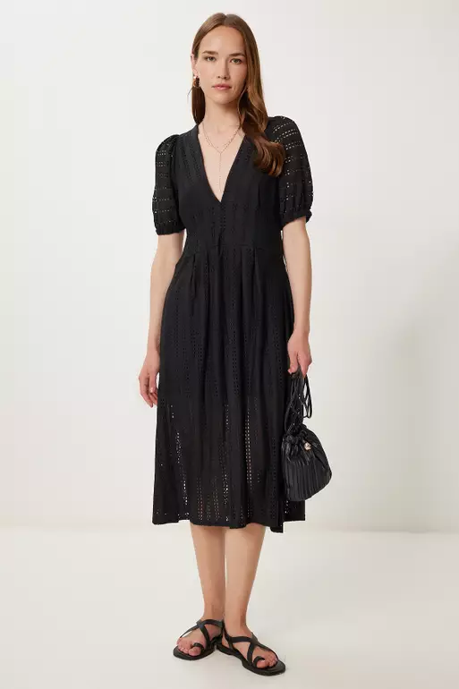 Women's Black Openwork Summer Midi Knitted Dress Tp00050