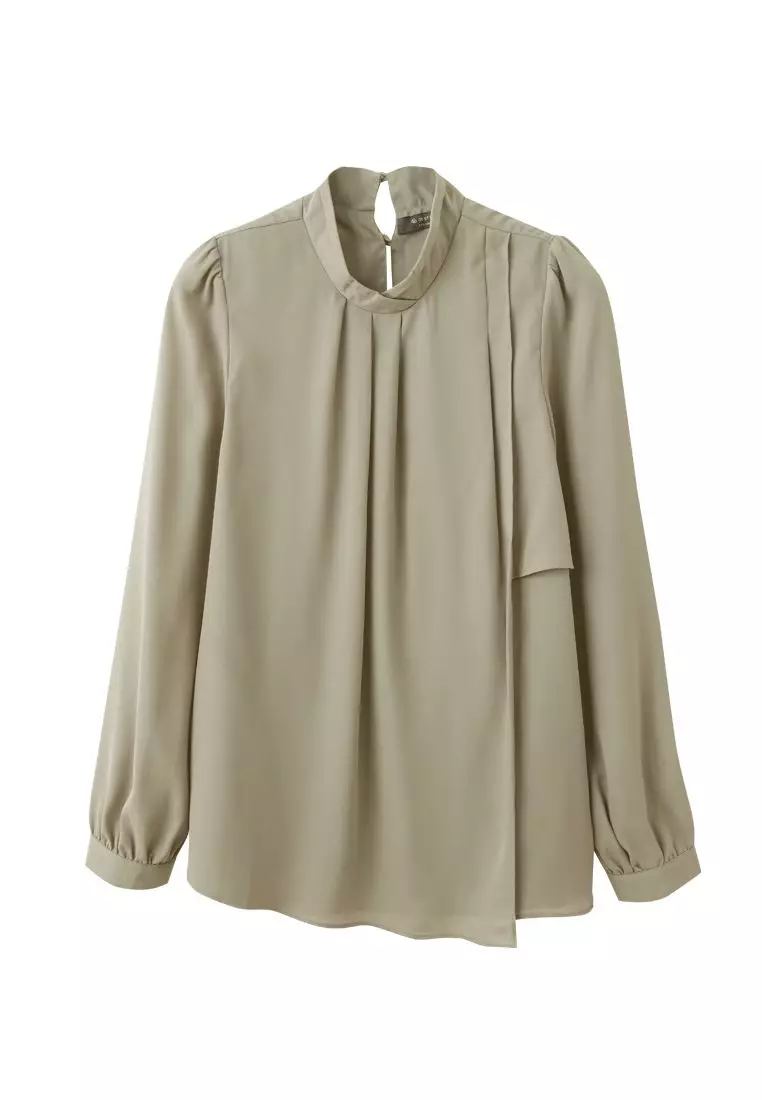 Pleated High-Neck Puff Sleeve Long Sleeve Blouse [AB19778]