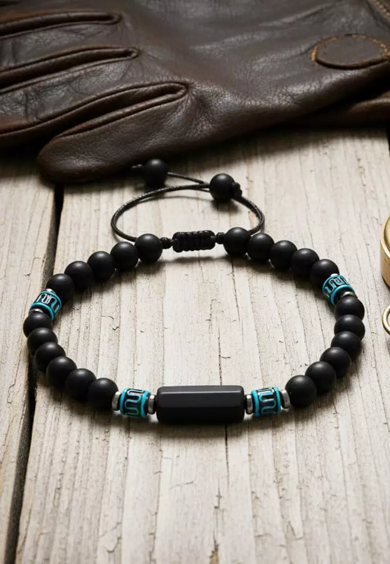 Aksesoris Gelang Pria Matte Black & Teal Beaded Beads Macrame Bracelet Black & Teal