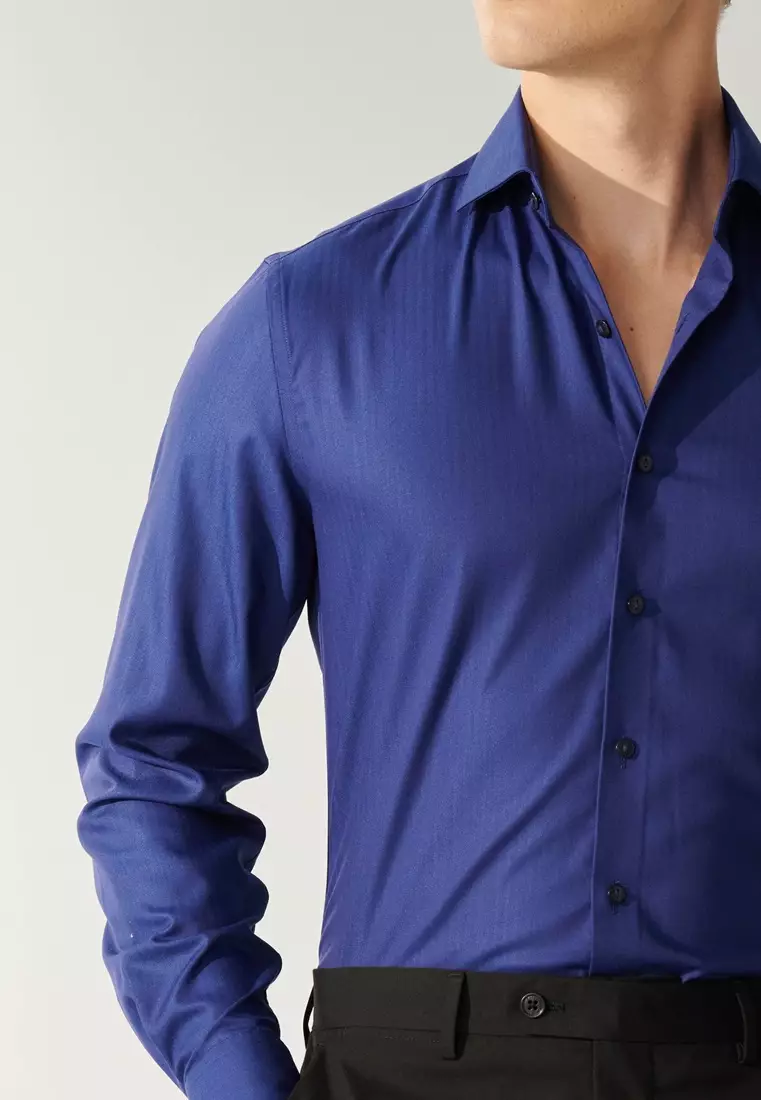 Dark Blue Herringbone Slim Shirt