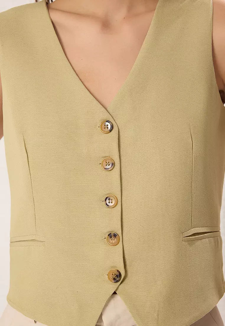 Khaki Oversize V Neck Linen Look Oversize Waistcoat  TWOSS25YE00085