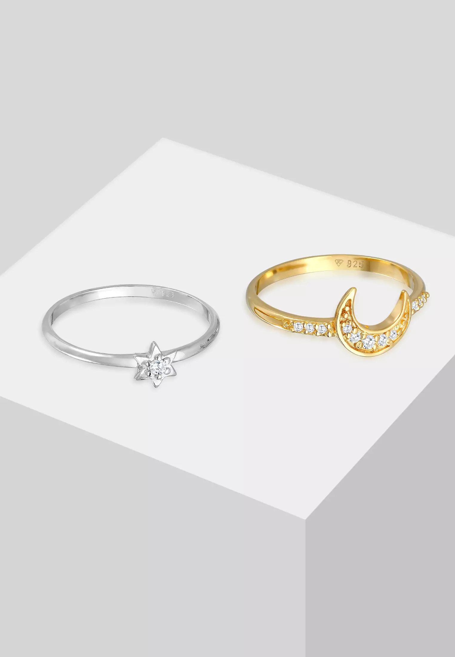 Ring Stacking Set Star Moon Astro Trend Bi-Color Zirconia Crystals Gold Plated