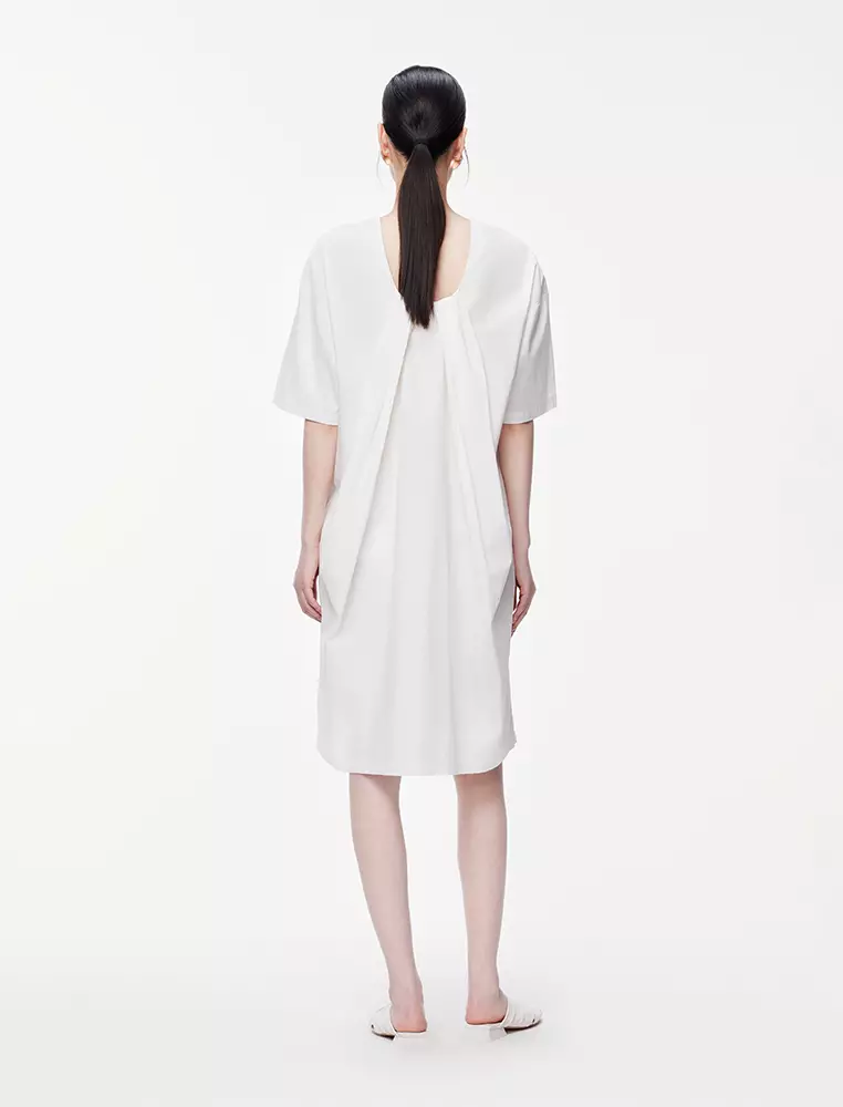 褶皺中長款短袖連衣裙