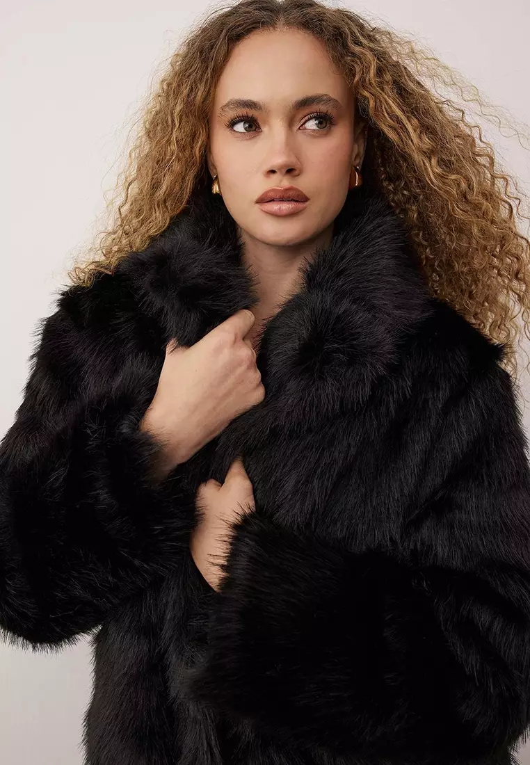 Black Fur Mono Closure Oversize Midi Coat Twoaw26Kb6