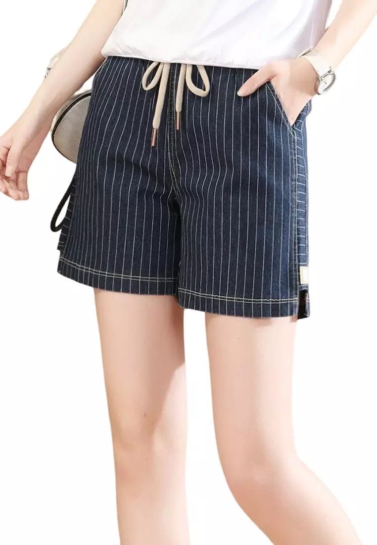 Striped top denim shorts