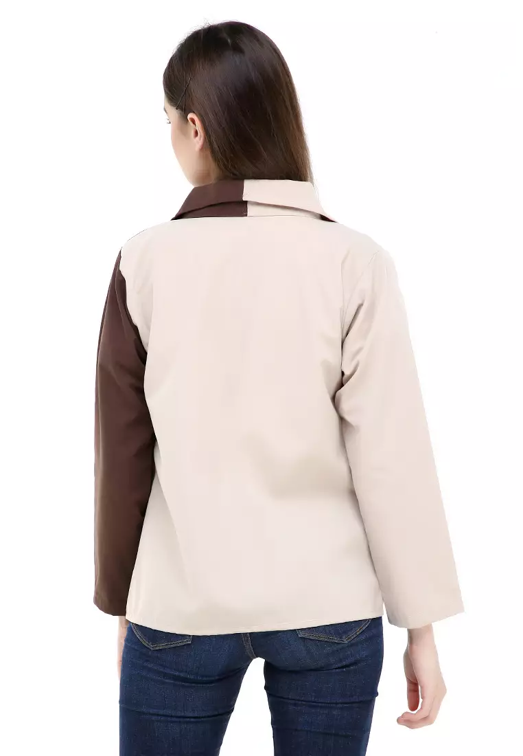 Hardwin Jacket Wanita Two Tone Casual Longsleeve Material Canvas ORIGINAL - Mocca