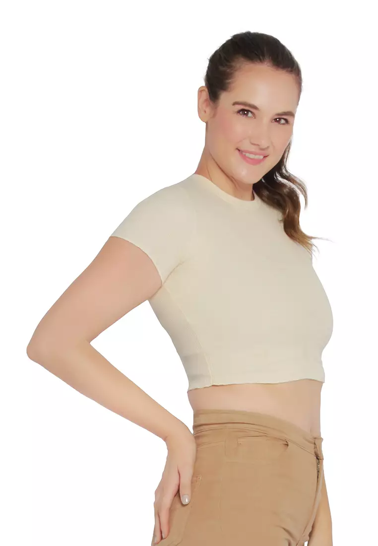 Beige Crew Neck Rib Knit Top