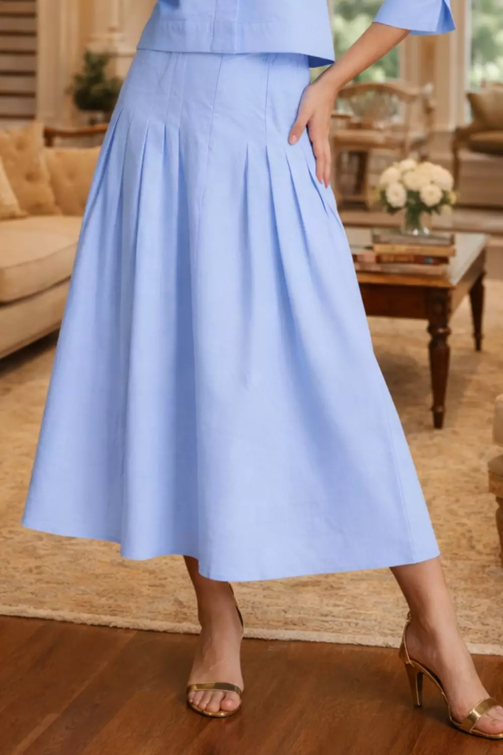 Essentials Cropped One Set Linen Top & Pleated Skirt Set Blue (One Set Shirt & Skirt)