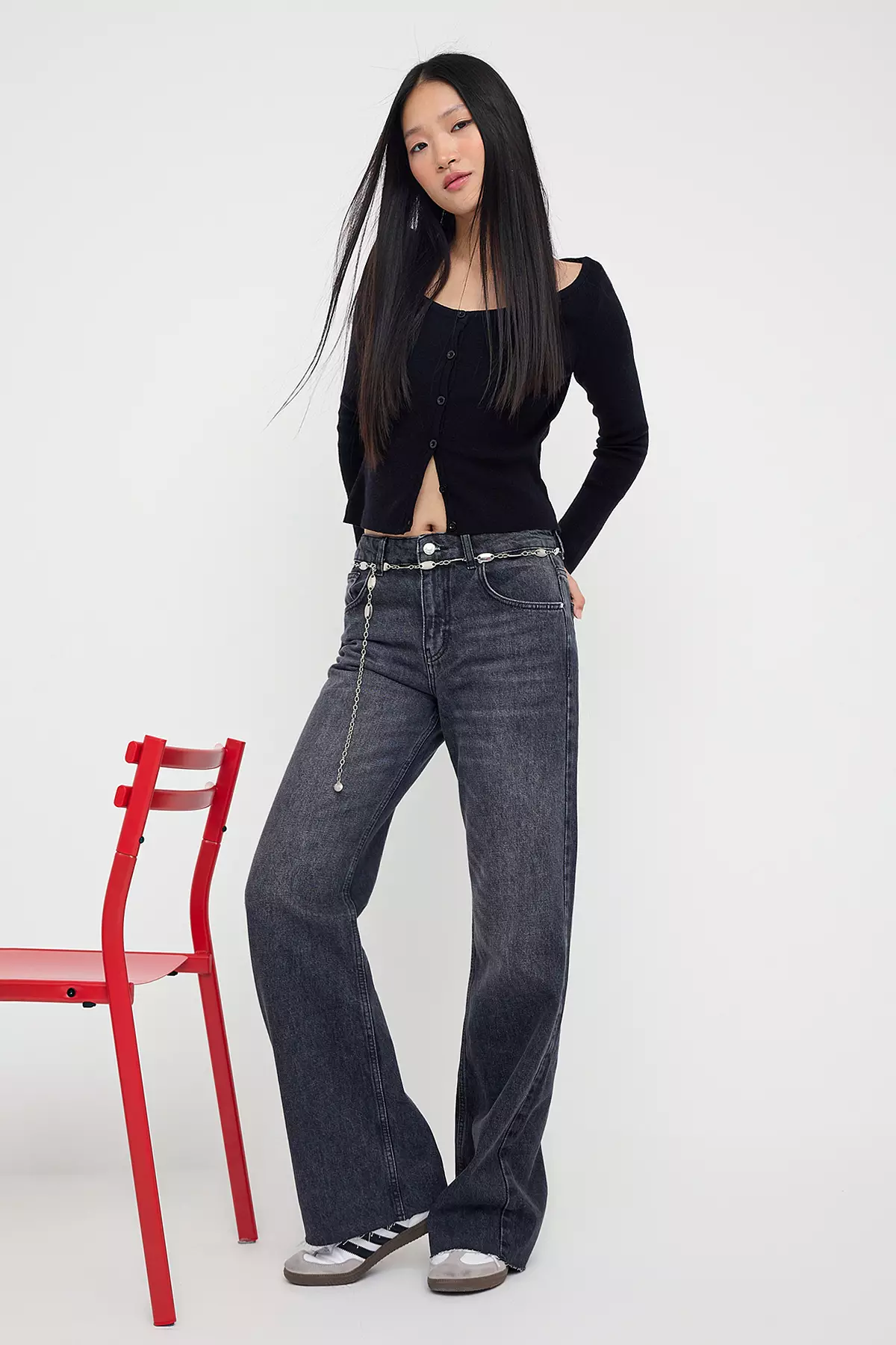 Teen Anthracite Normal Waist Wide Leg Jeans Twoaw26Je00078