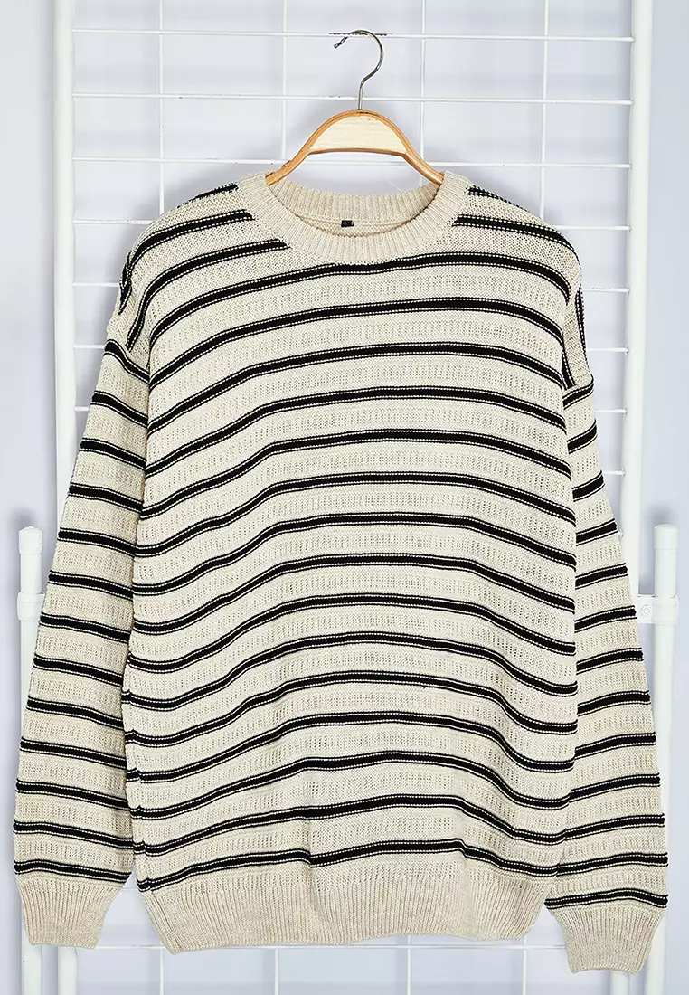 Beige Casual Unisex Crew Neck Striped Knitwear Sweater TMNAW25KZ00025