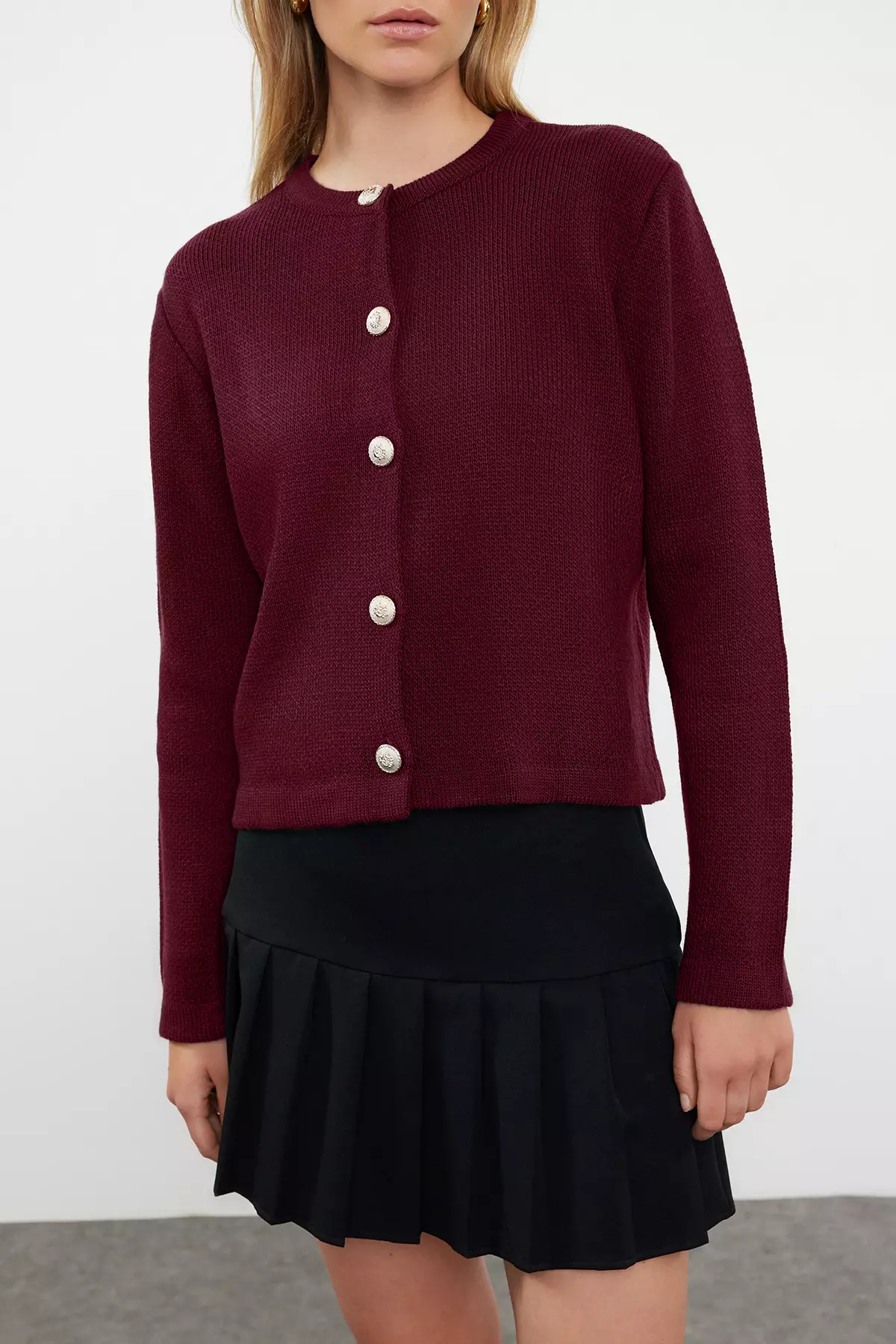 Burgundy Basic Jacket-Look Knitwear Cardigan