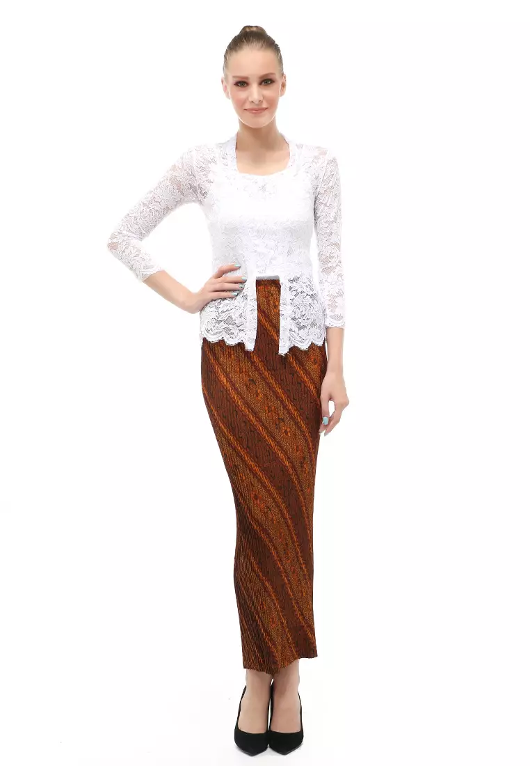 Hara Kebaya Seri 1 Motif Brokat Long Sleeves Atasan Wanita Transparan Premium Quality - Putih