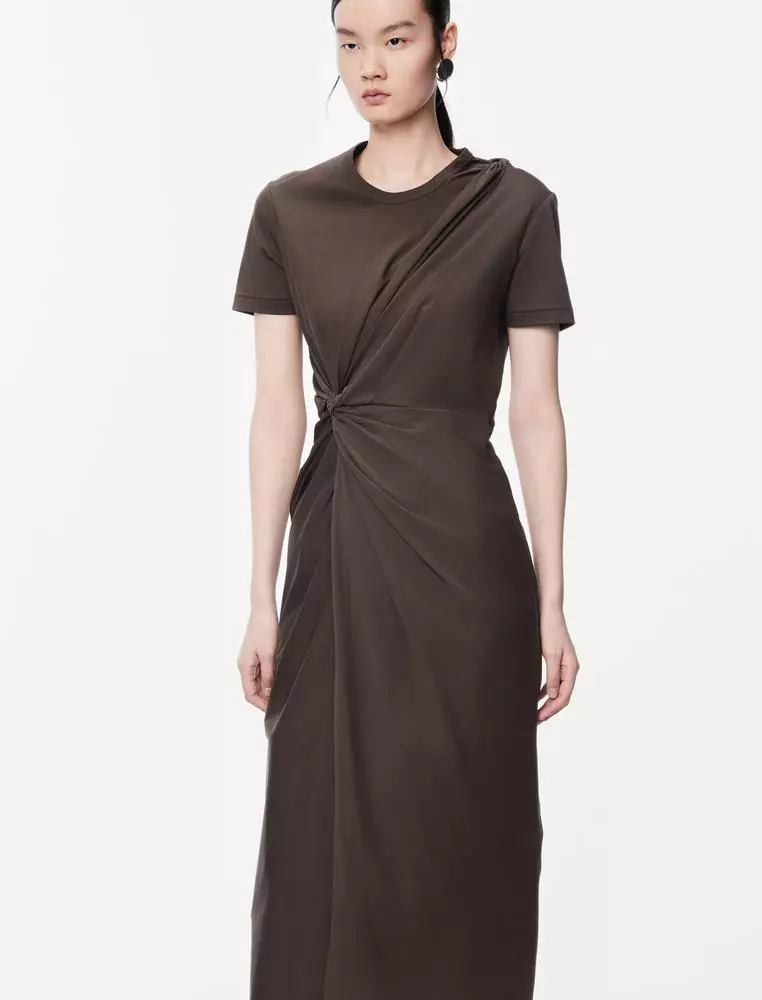 Pinch Pleat Long Short Sleeve Dress