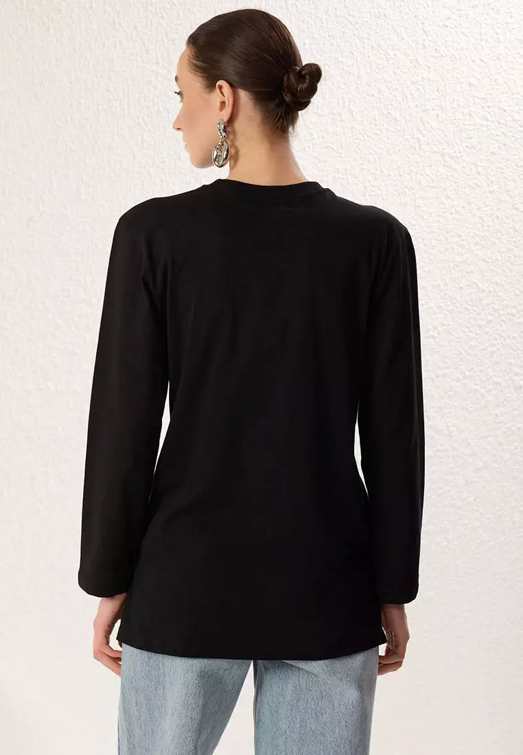 Black Beige Long Sleeve Slit Detailed Knitted T-Shirt TCTSS25RT00000