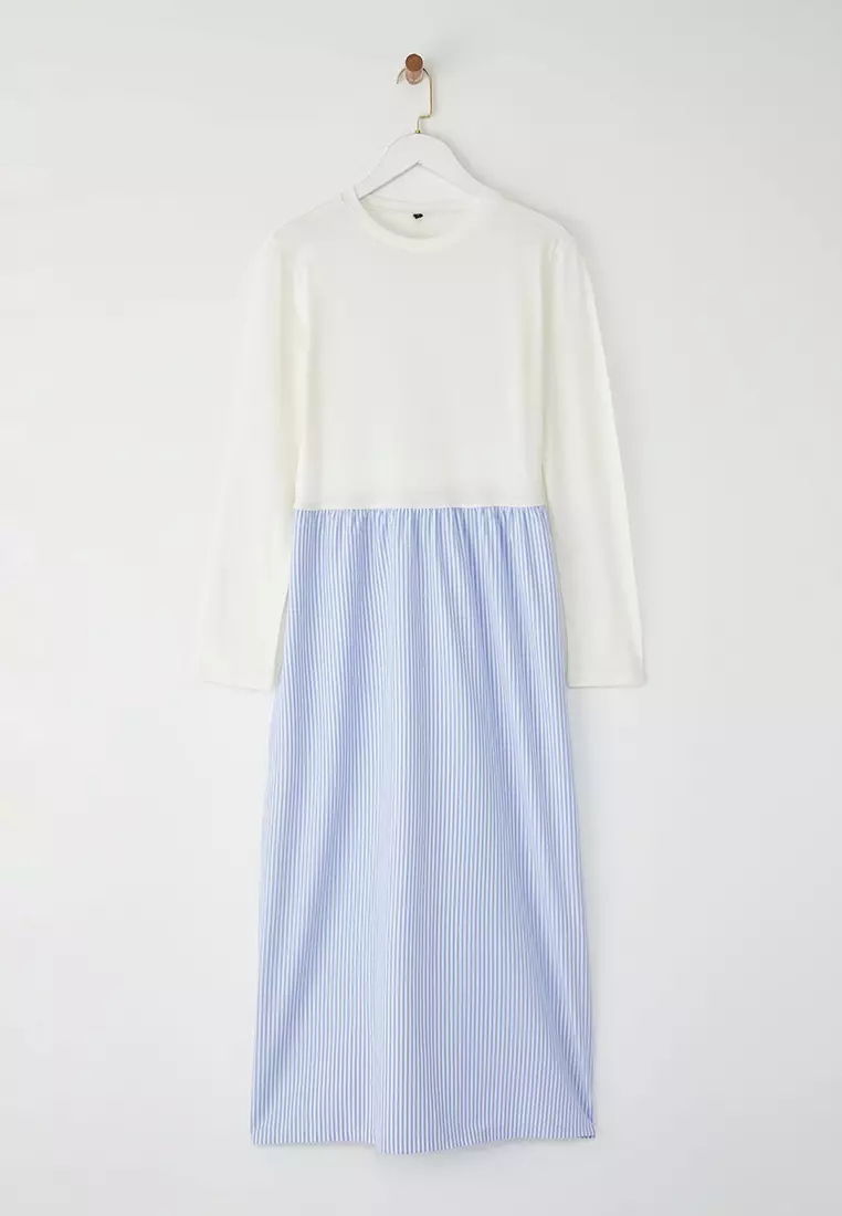Blue Striped Woven Fabric Skirted Jersey Knit Dress Tctss25Eb00146