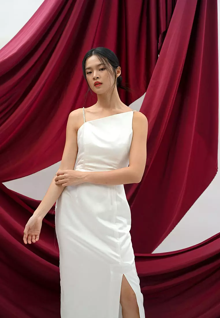 Rhinestone Asymmetric Satin Maxi Dress in White