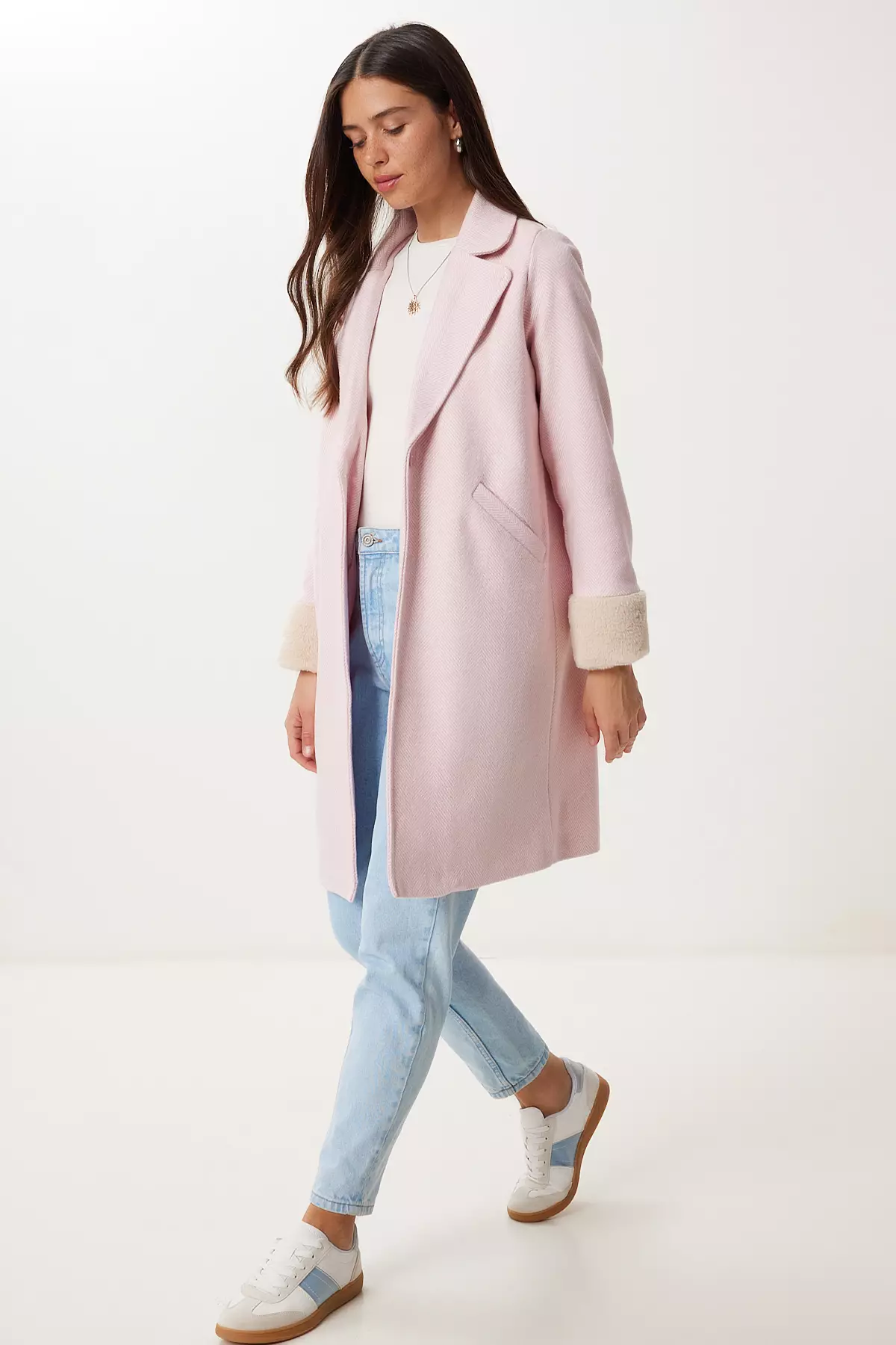 Women's Candy Pink Double Breasted Collar Fur Cashmere Coat Dd01367