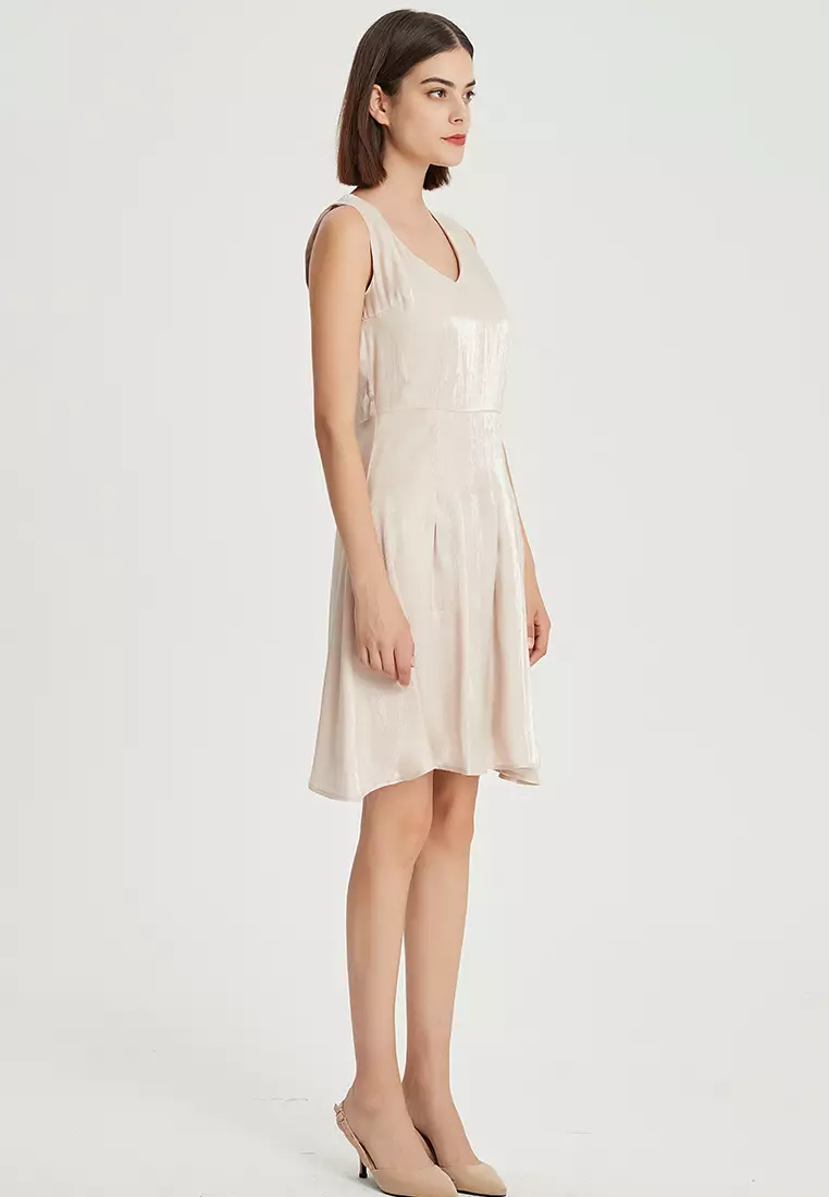 V-neck color-changing glazed satin one piece dress B22041204BE