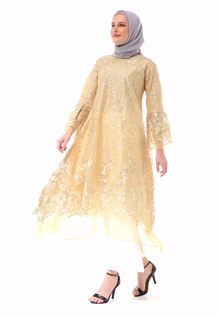 Aliyah Long Dress Motif Bunga High Quality Premium - Mustard