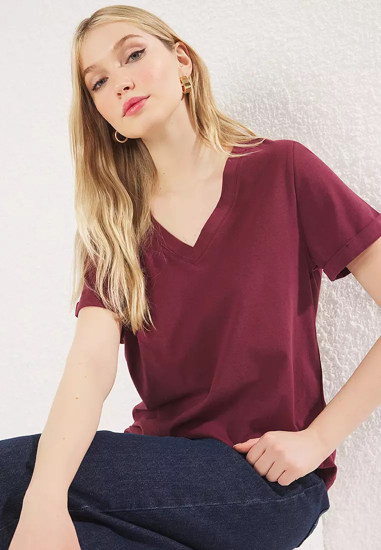 Claret Red V Neck Short Sleeve Regular/Basic Knitted T-Shirt