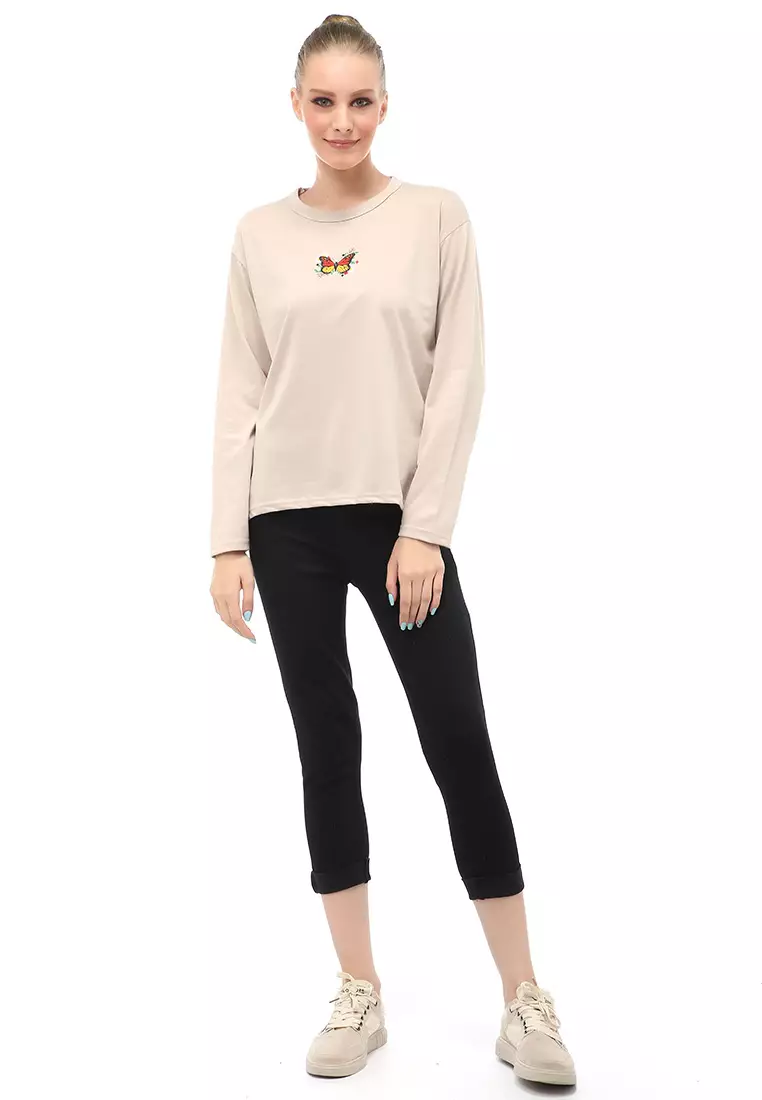 Dreama Kaos Oversized Long Sleeves Atasan Wanita Relaxed Fit - Bepan Flower Butterfly