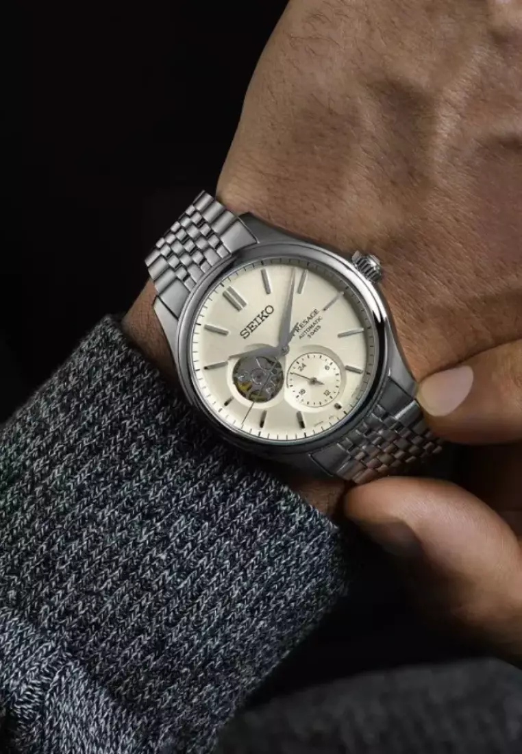 精工 Presage 經典系列半鏤空「Shiroiro」鏤空設計不鏽鋼錶帶自動手錶 SPB469J1