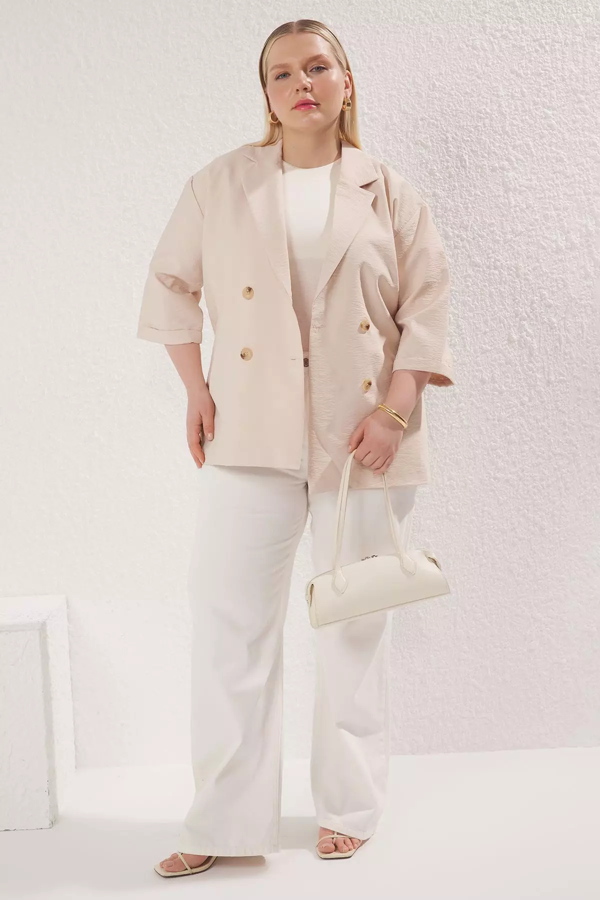 Beige Double Breasted Closure Textured Short Sleeve Plus Size Jacket  Tbbss25Ag00009