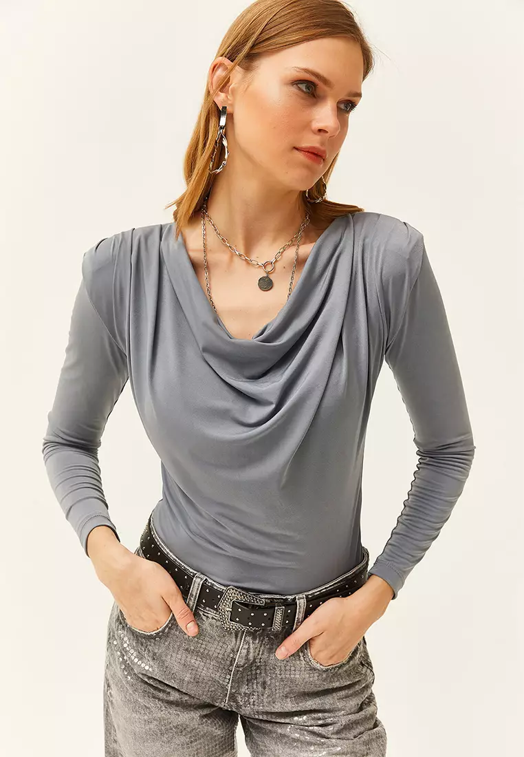 Cowl Neck Long Sleeves Ruched Top