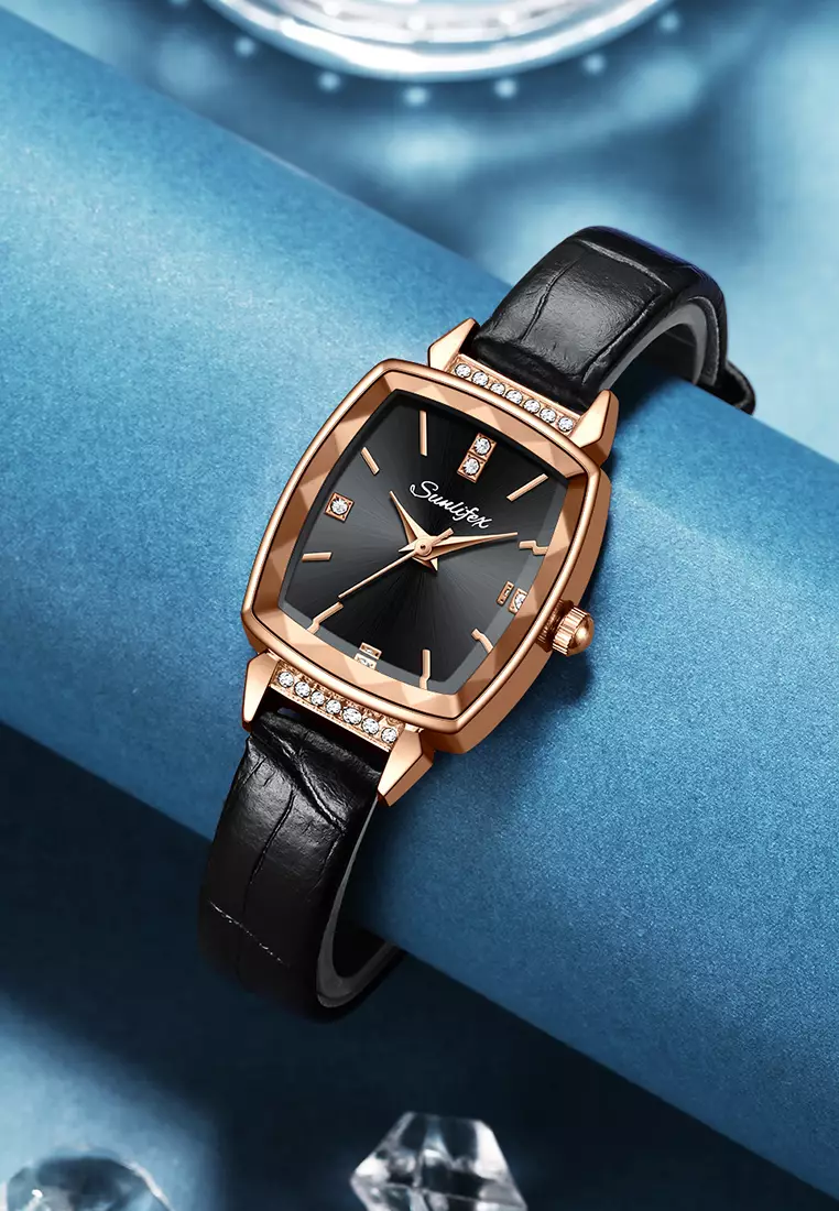 Jam Tangan Wanita 8006 Kuarsa Wanita Tali Kulit Berlian Jam Tangan Cewek Original black