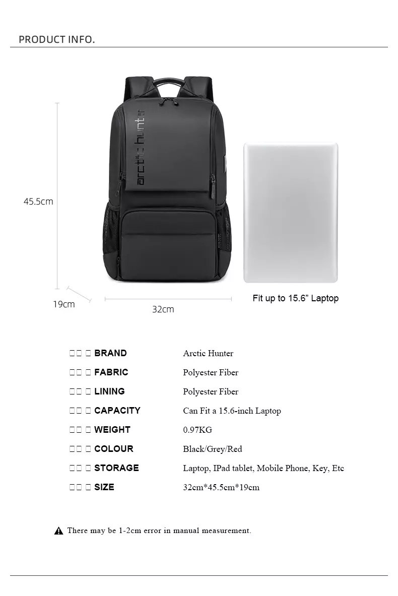 Arctic Hunter B00532 Tas Ransel Backpack Laptop Kerja pria 15.6 Inch USB - BLACK