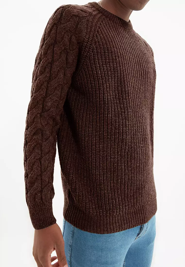 Brown Casual Unisex Regular Fit Crew Neck Wool Knitted Sweater TMNAW22KZ2059