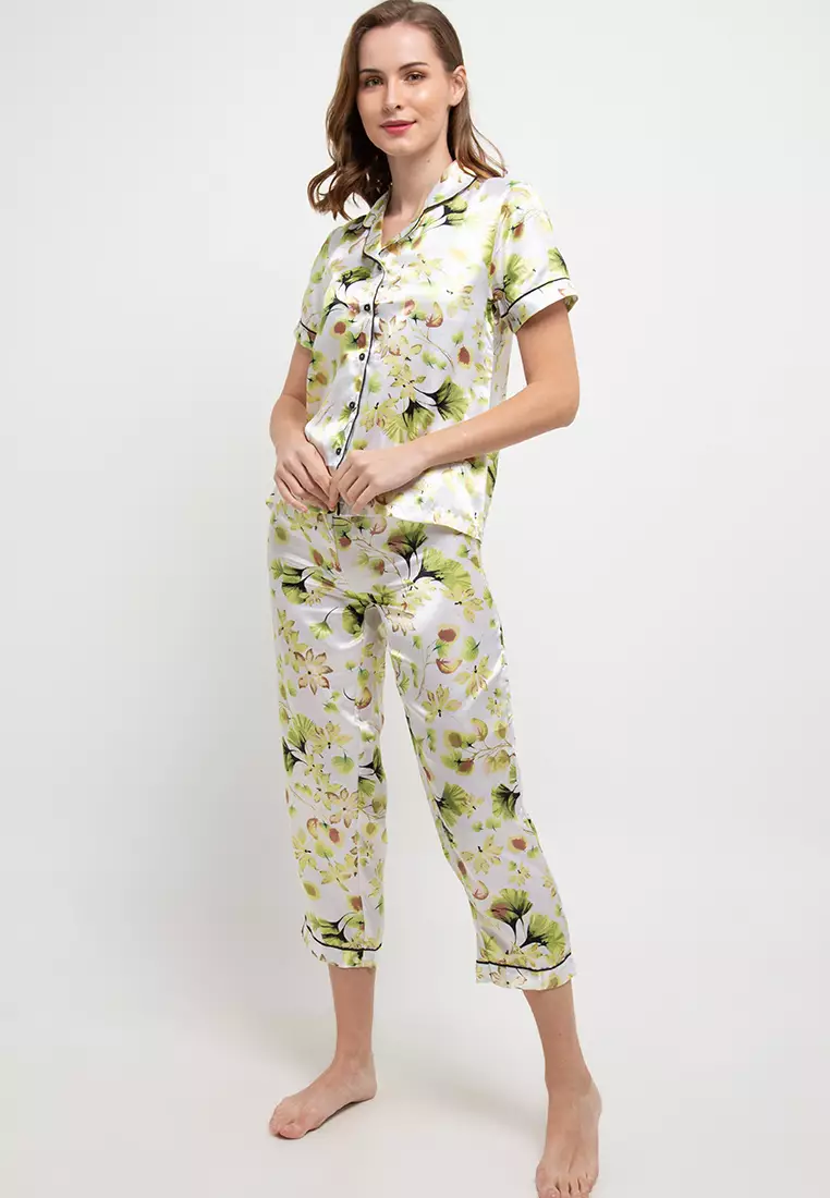 Pyjama Pijama Satin Silk Short Sleeve Long Pants Sleepwear
