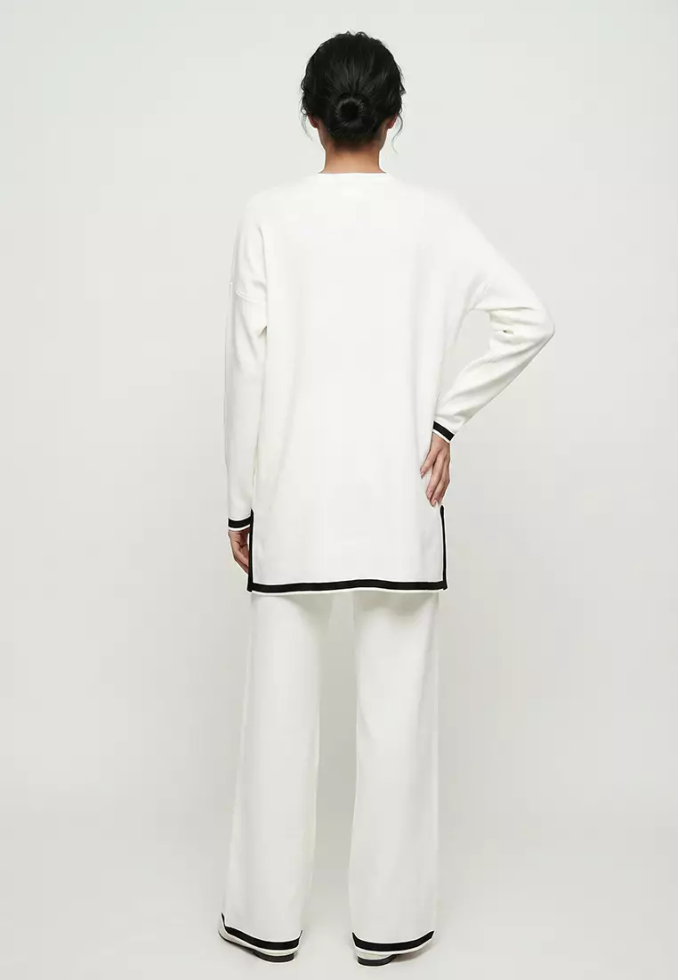Women's Beige Crew Neck Stripe Detailed Knitwear Tunic and Trouser Set