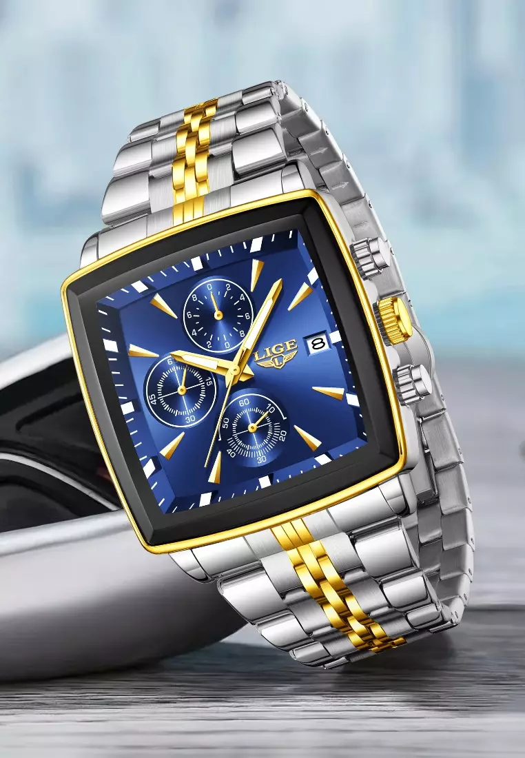 Chronograph Unisex Gold color finished Stainless Steel Quartz Watch 40X40mm, Green Dial, on Bicolor Bracelet