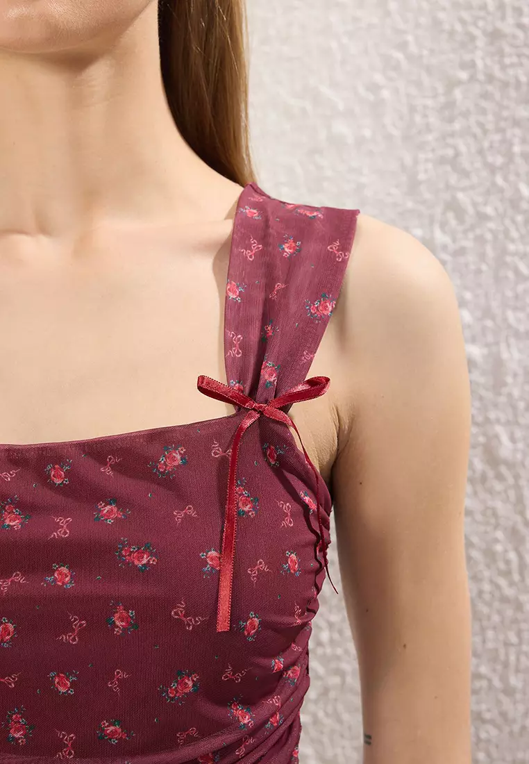 Burgundy Floral Printed Lined Printed Tulle Body-Smoothing Crop Bow Detailed Knitted Blouse Twoss25Bz00033