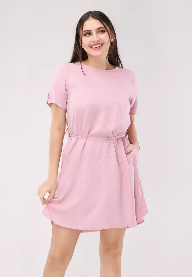 Textured Woven Short Sleeves Dress