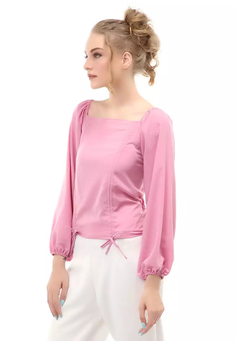 Cheva Blouse Atasan Wanita Sabrina Tali Lengan Panjang Casual Top Long Sleeve Comfortable Material Wolfis ORIGINAL - Dusty Pink