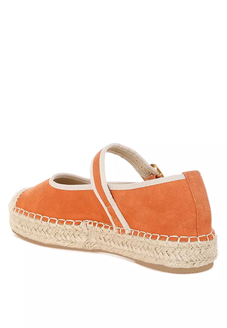 Sepatu Espadrilles Mary Jane Kulit Suede Lembut Warna Coklat Keemasan