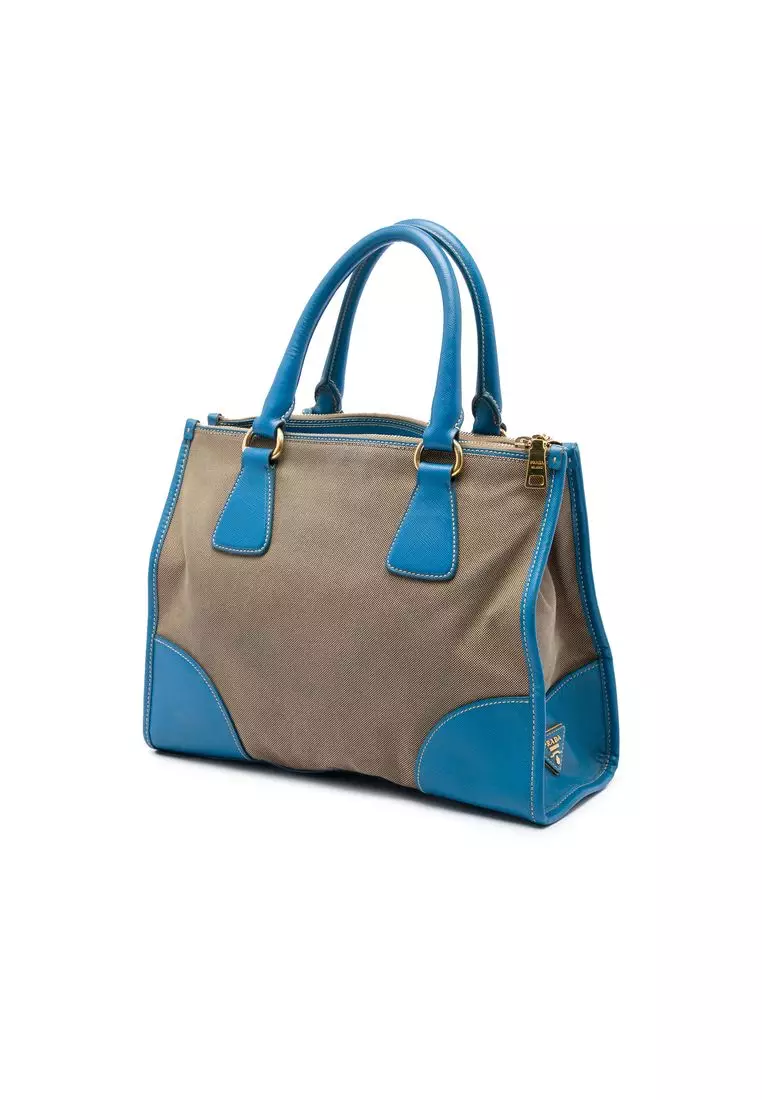Pre-Loved Prada Saffiano Trimmed Canvas Canapa Logo Double Zip Satchel