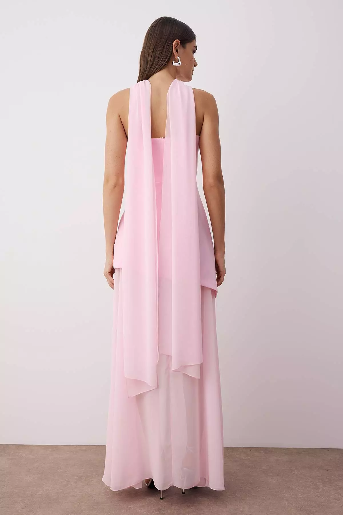 Pink Shawl Detailed Woven Maxi Evening & Graduation Dress Tprss25Ae00188