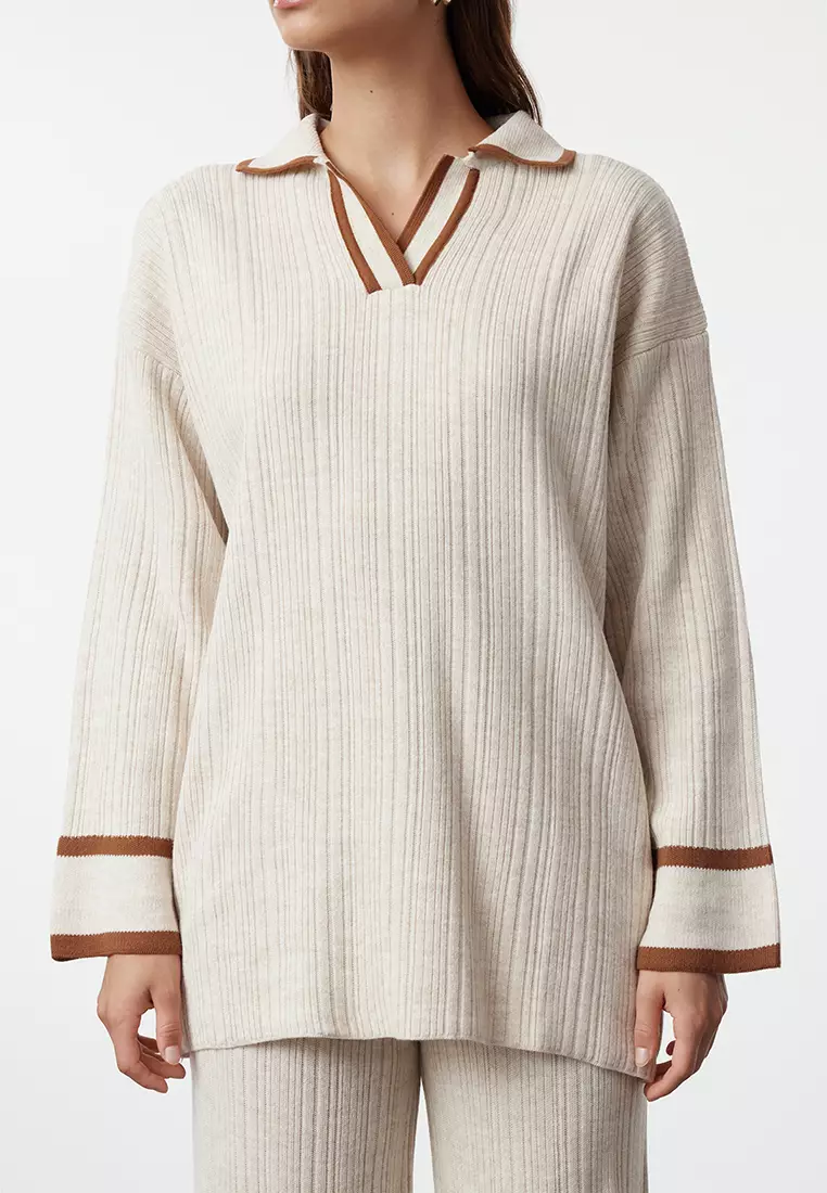 Stone Brown Piping Knitwear Sweater Trousers Bottom-Top Set TCTAW25US00015