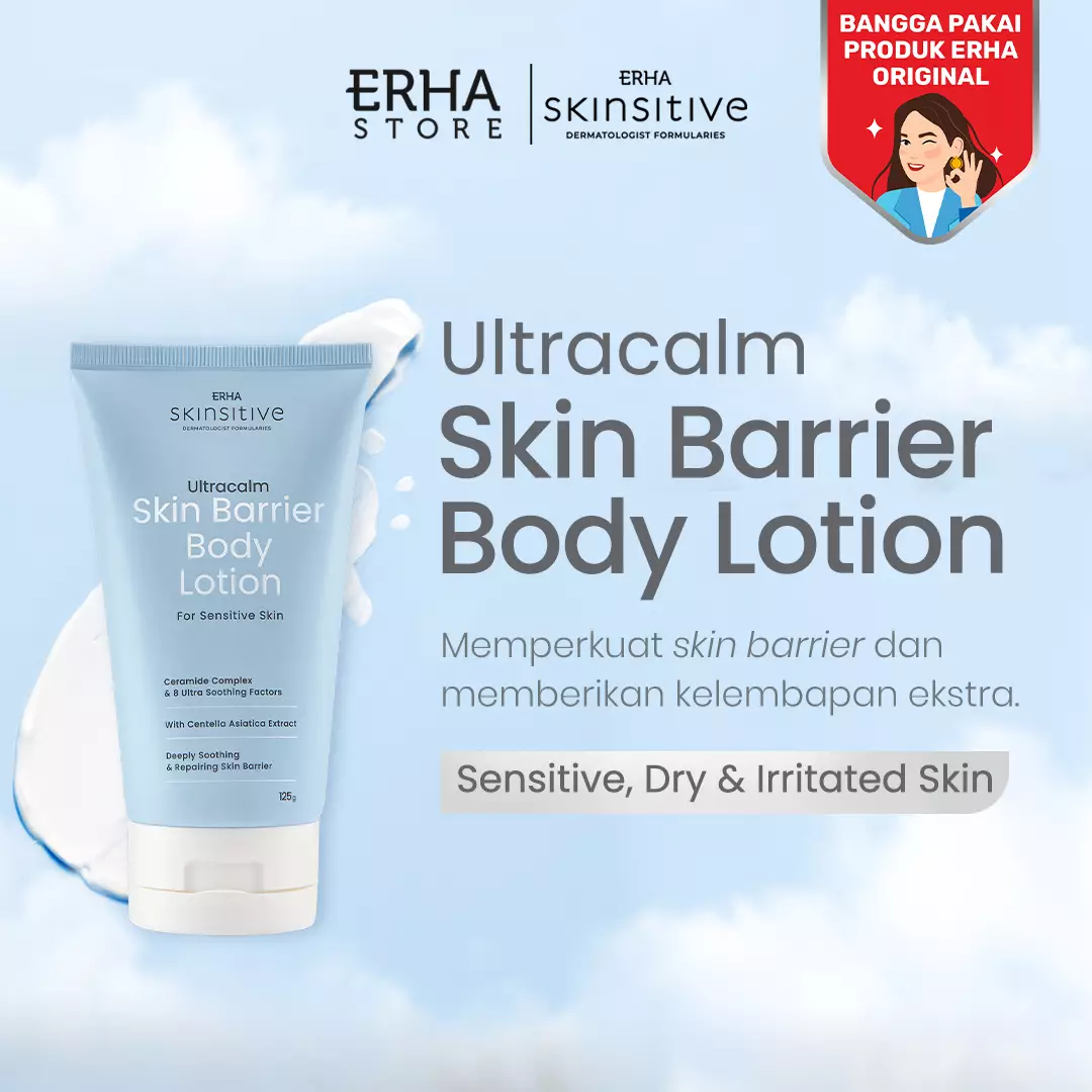 ERHA Skinsitive Ultracalm Body Lotion 125g | Pelembap Kulit Semua Jenis Kulit (Normal, Kering, Sensitif) | Gentle, No Fragrance, No Alcohol | Kulit Sangat Kering, Eksim, Ibu Hamil Menyusui, Anak Usia 3 | Skin Barrier Kuat dengan Ceramide, Calming Agent