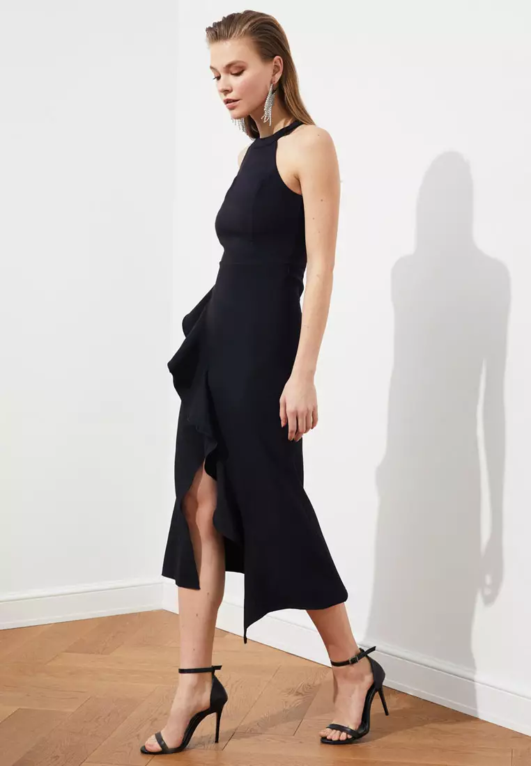 Celeste ruffle front fitted midi dress cheap